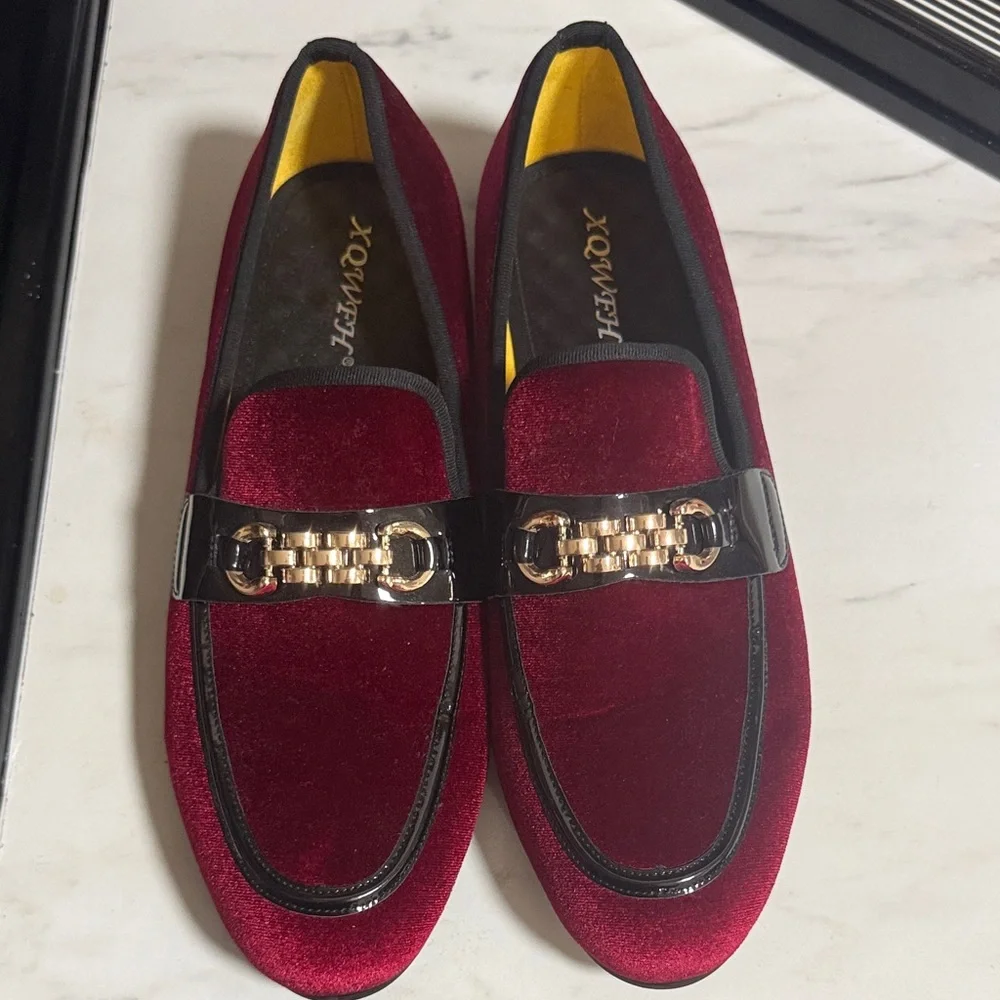 EUC Red Velvet Loafers with Gold Accent - Picture 7 of 12
